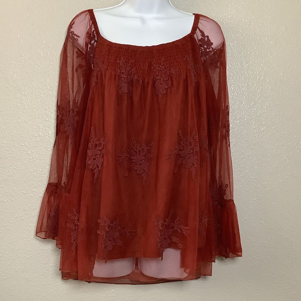 Cato Red Feminine Romantic Sheer Mesh Lace Smocked Peasant Babydoll Blouse L